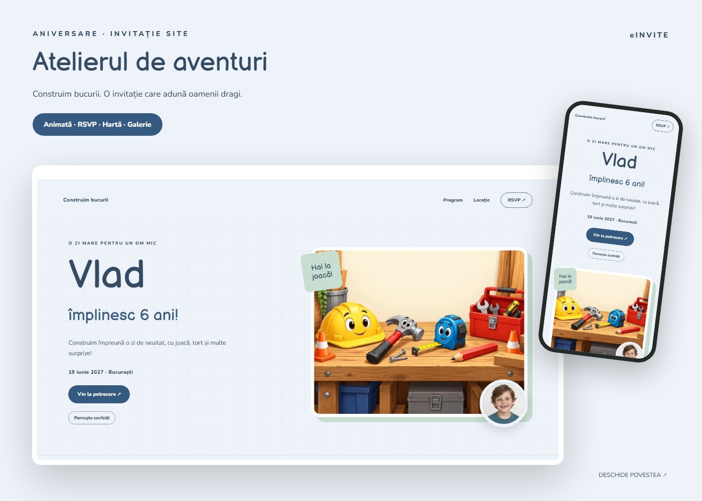 Atelierul de aventuri — Site — invitație aniversare website