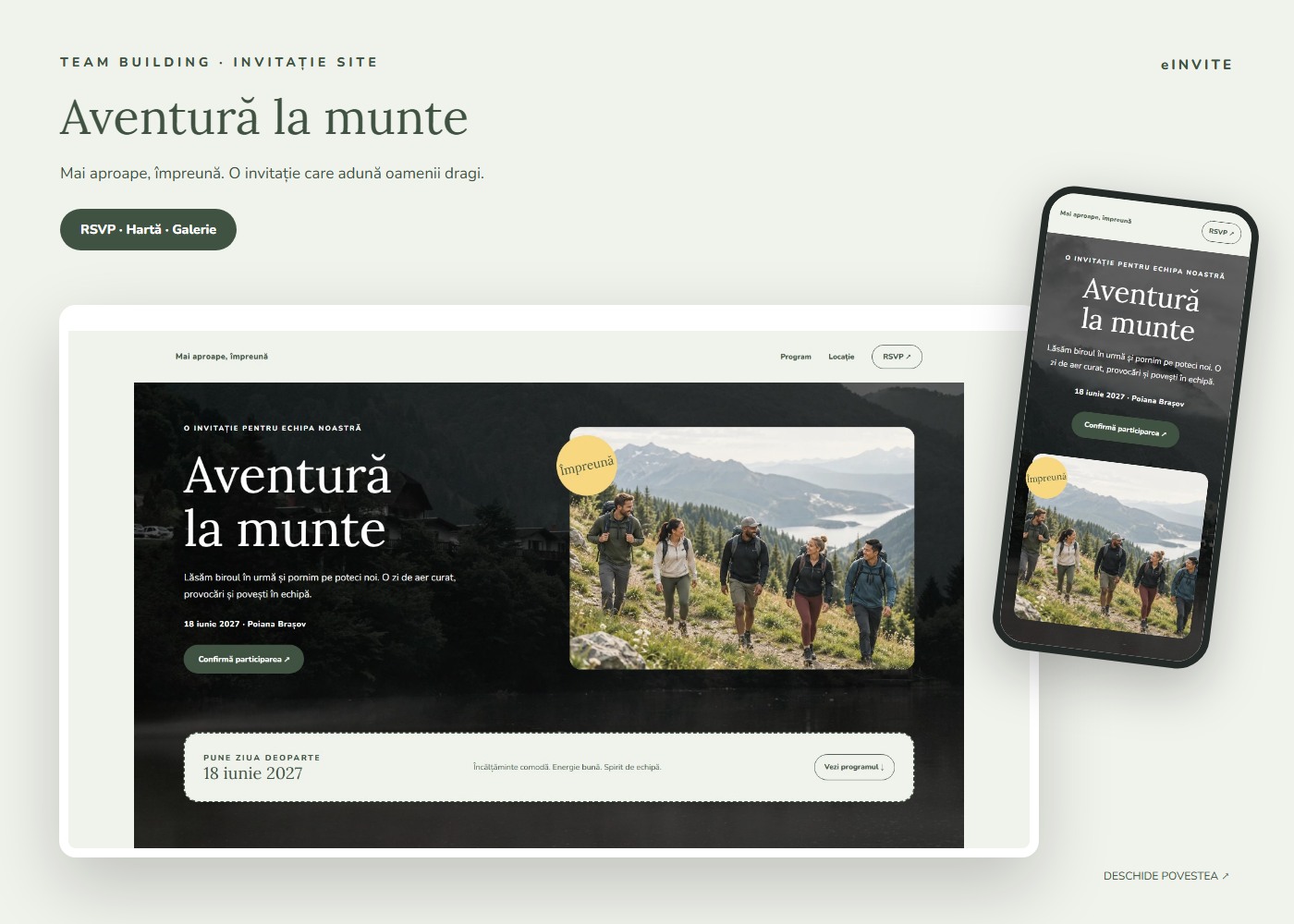 Aventură la munte — Site — invitație team building website