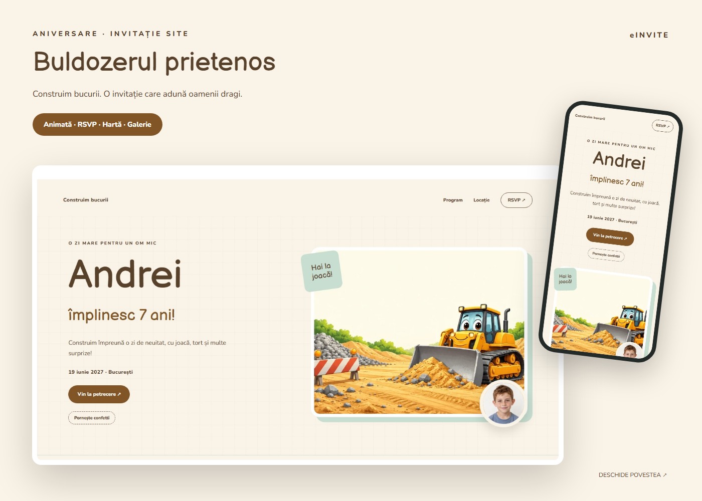 Buldozerul prietenos — Site — invitație aniversare website
