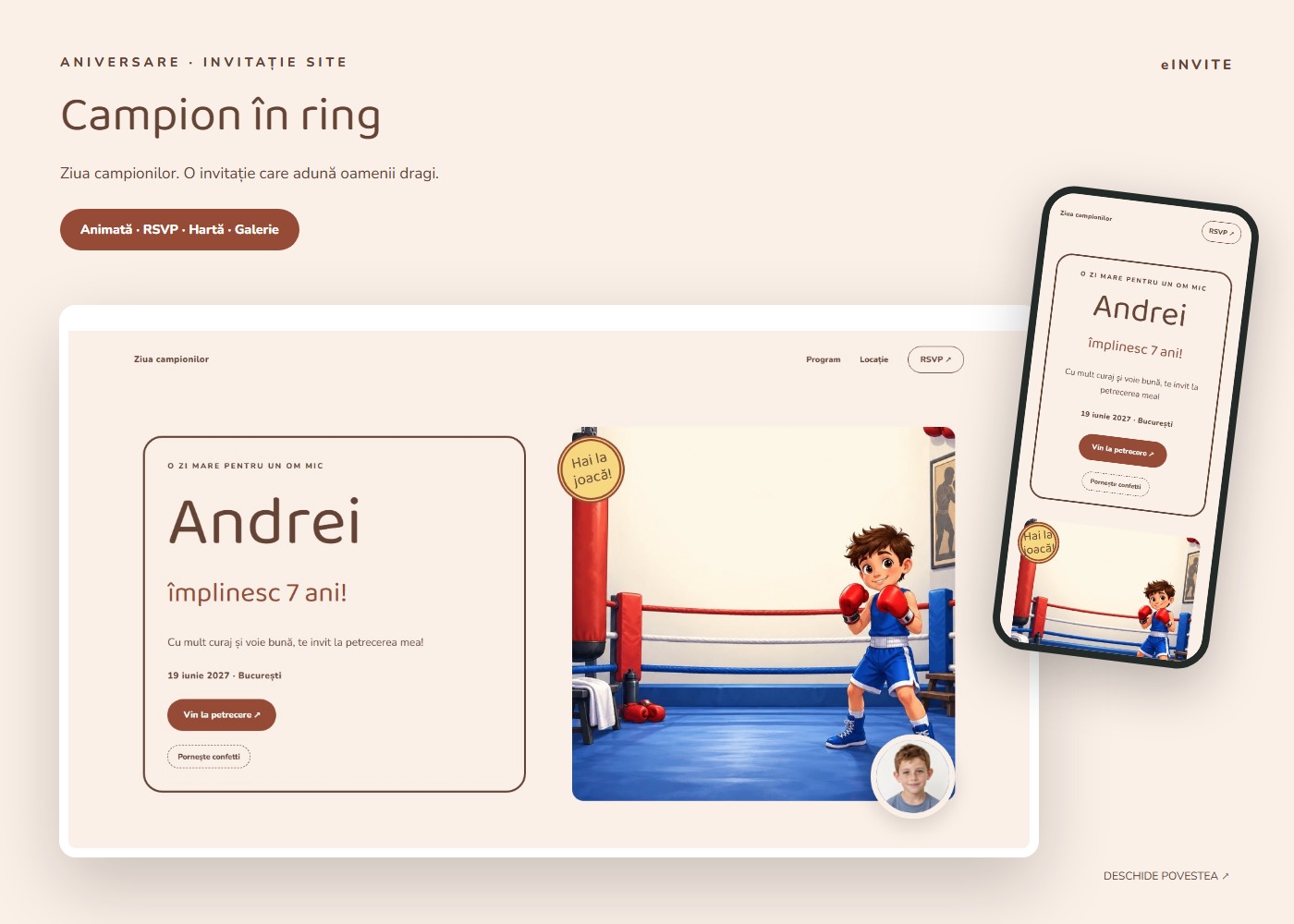 Campion în ring — Site — invitație aniversare website