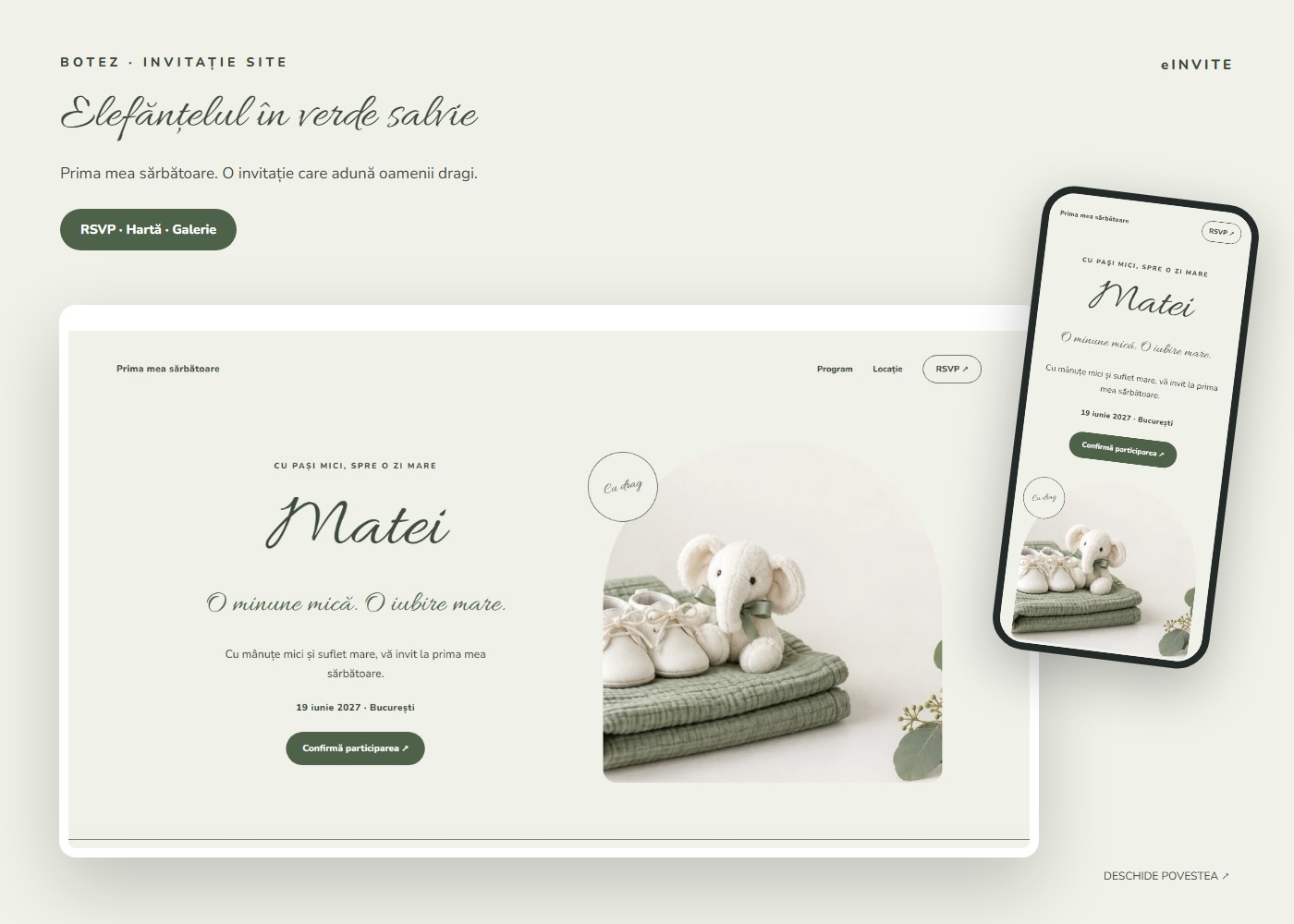 Elefănțelul în verde salvie — Site — invitație botez website
