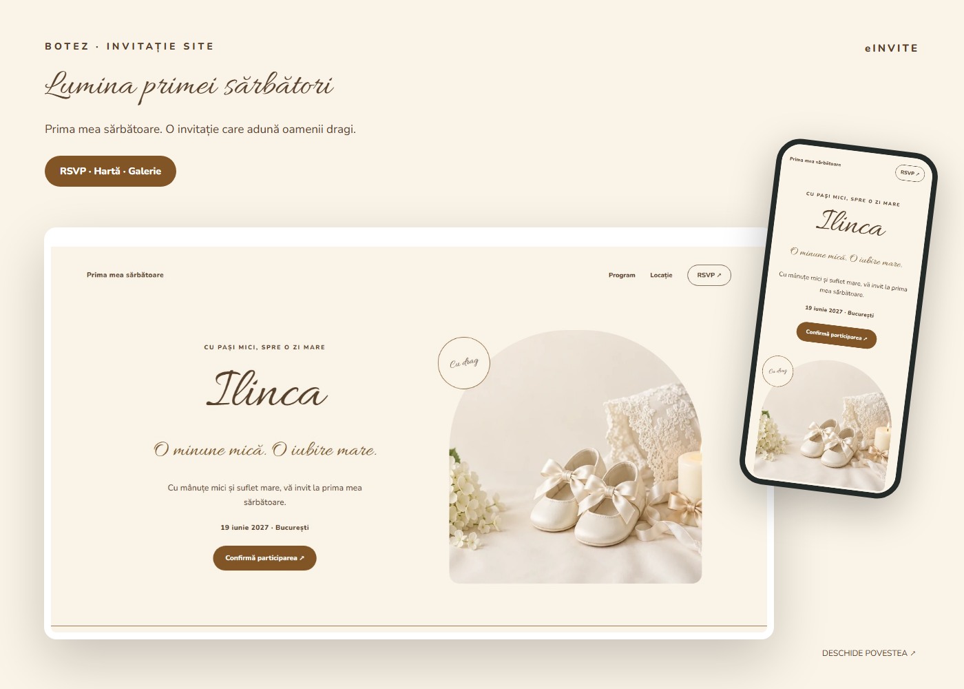 Lumina primei sărbători — Site — invitație botez website