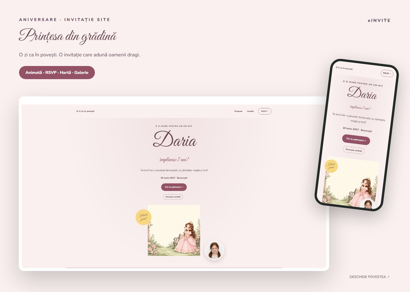 Prințesa din grădină — Site — invitație aniversare website