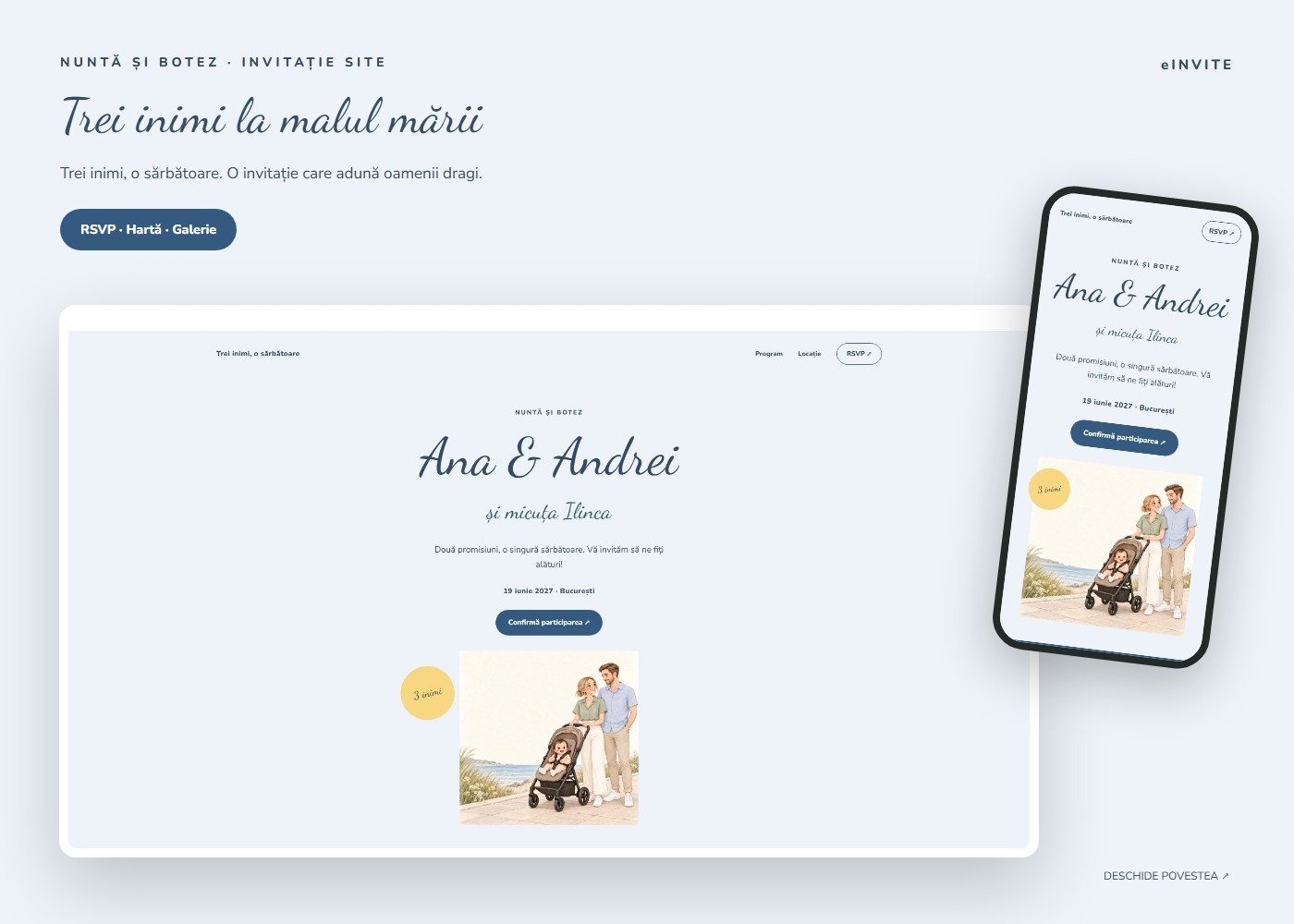 Trei inimi la malul mării — Site — invitație nuntă și botez website